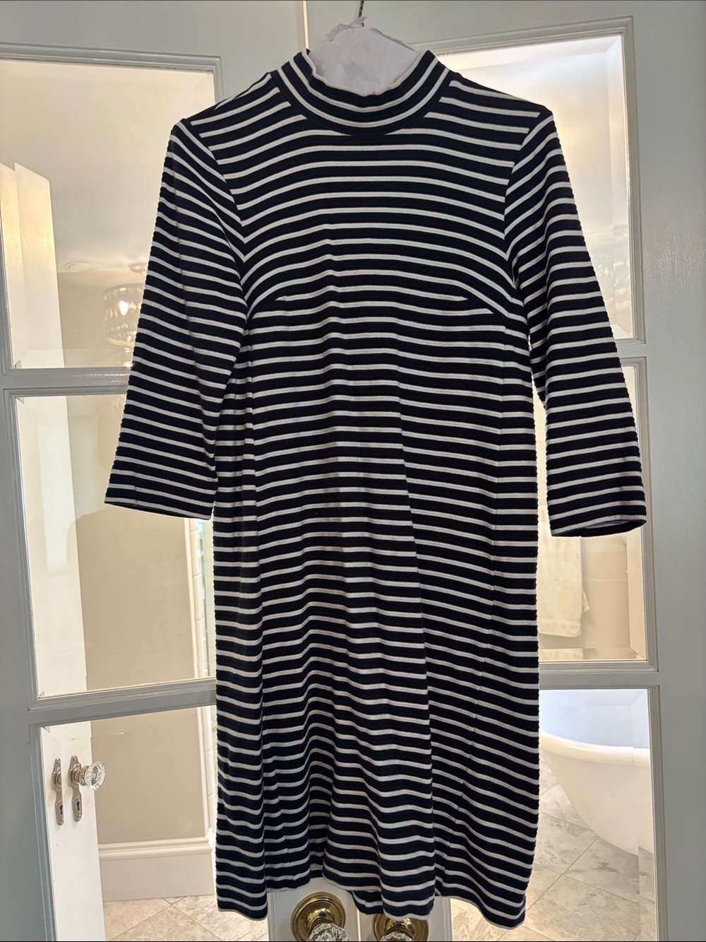 Anthropologie Striped Black, Navy, and White Dress with Mock Neck